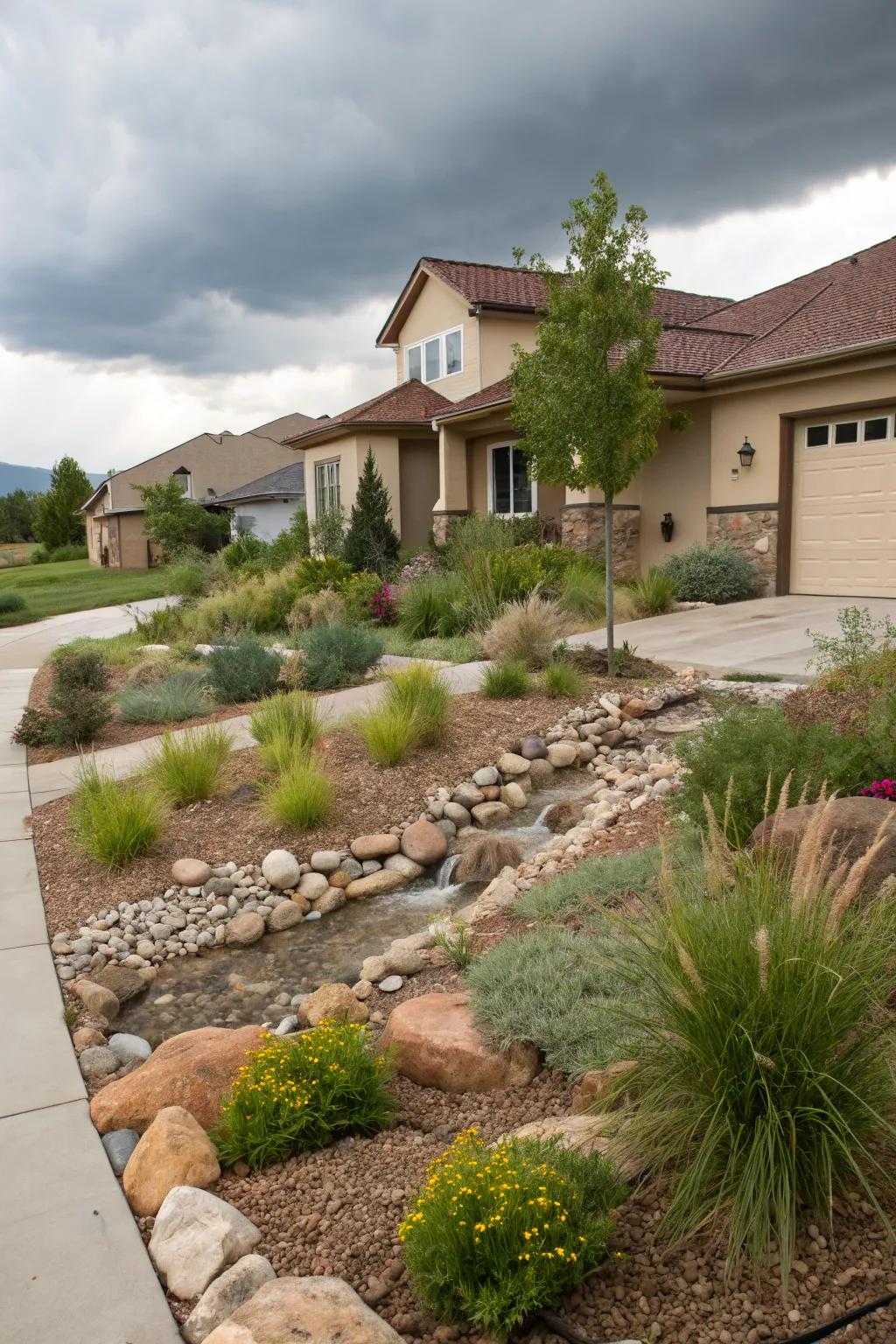 A rain garden manages storm water in a xeriscape effectively.