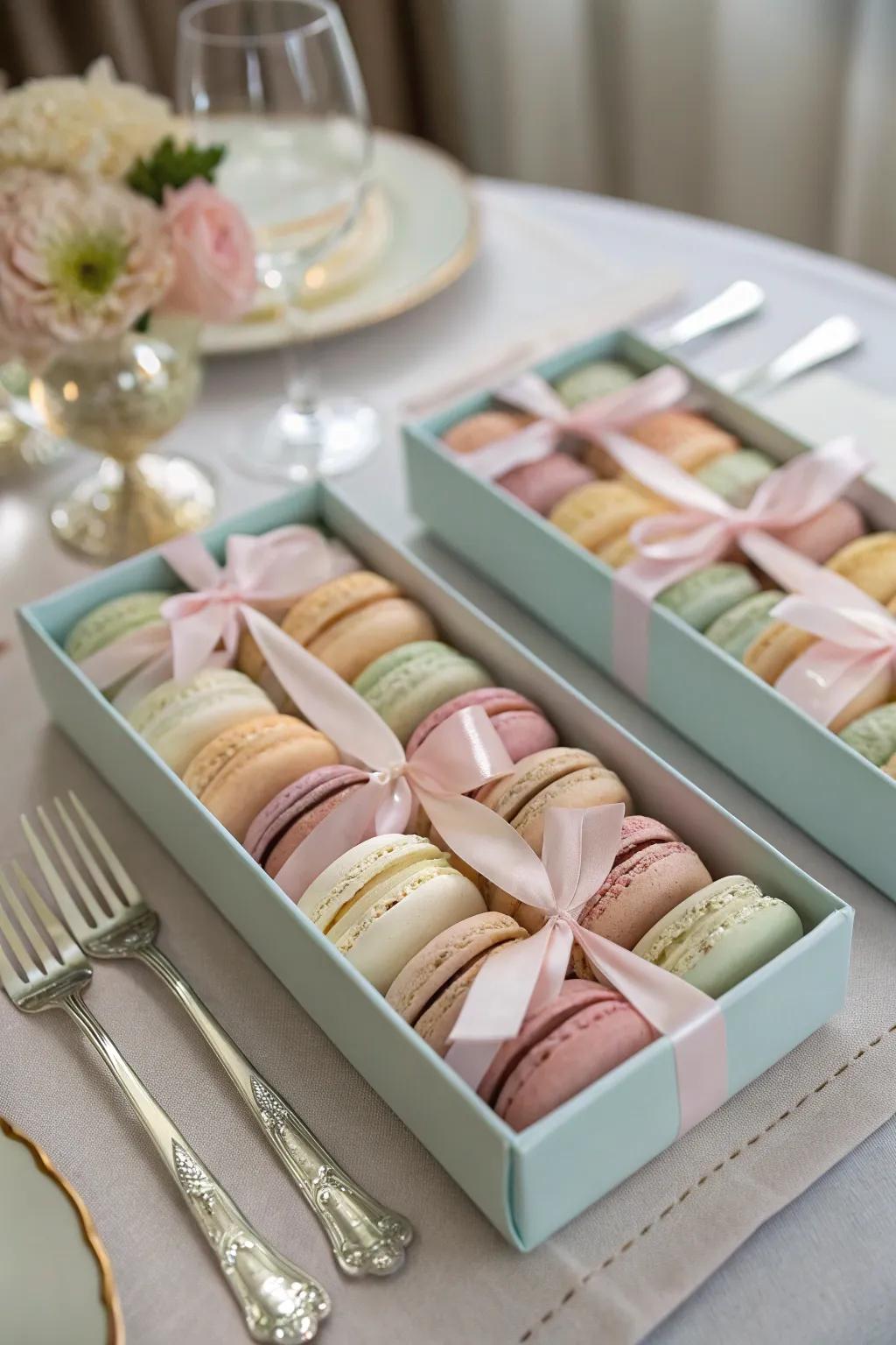 Elegant packaged macarons with ribbons.
