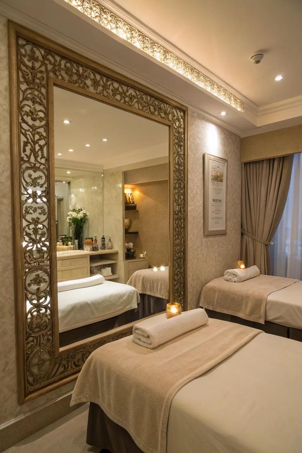 A decorative mirror adds depth and elegance to this massage room.