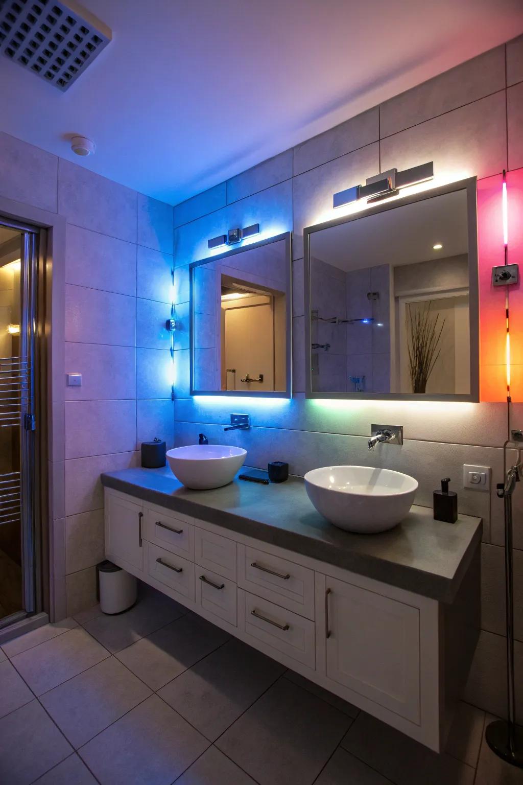 Bathroom with adaptable atmospheric illumination for different environments.