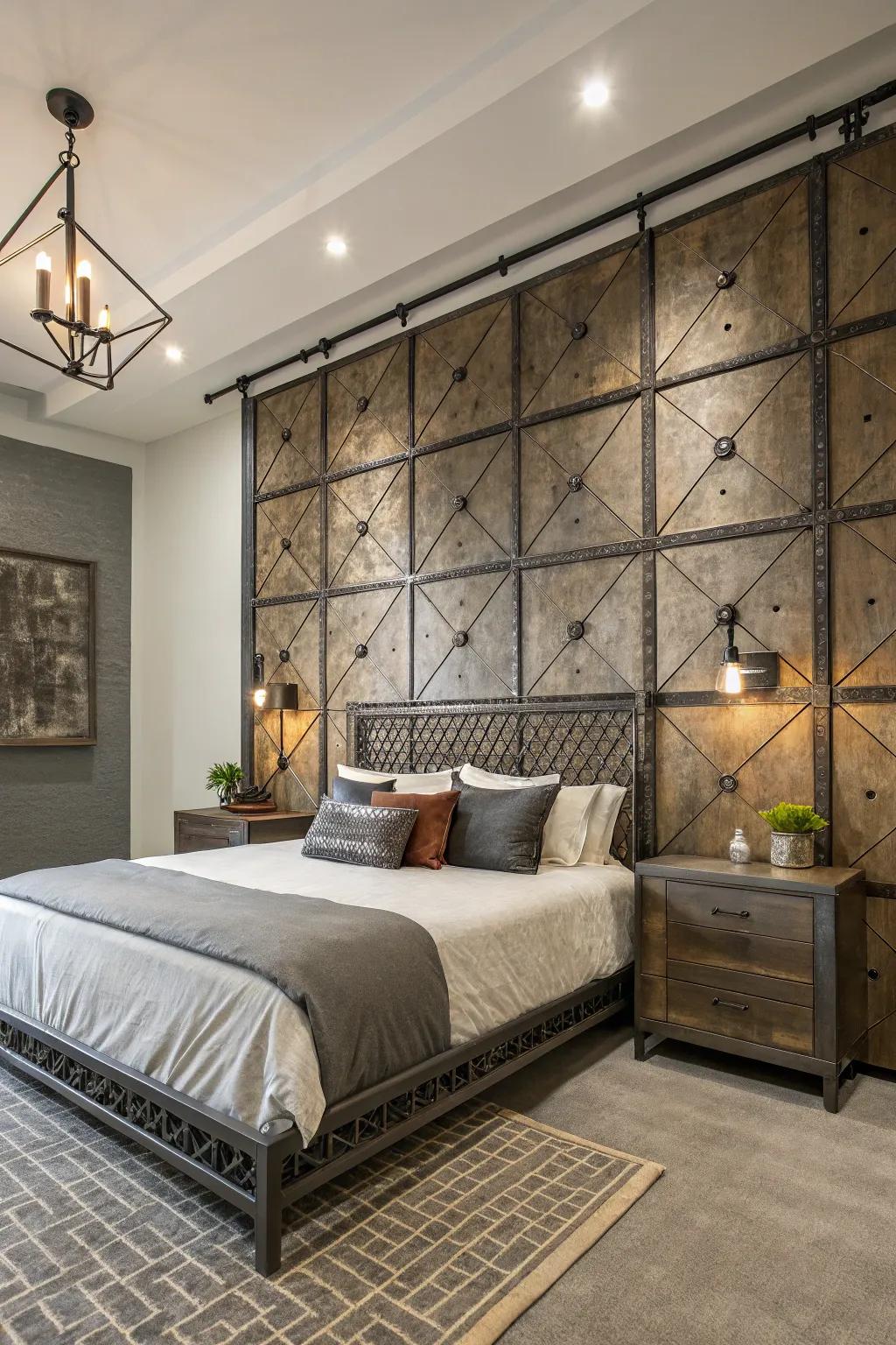 Factory style parts bring an edgy vibe to your headboard wall.