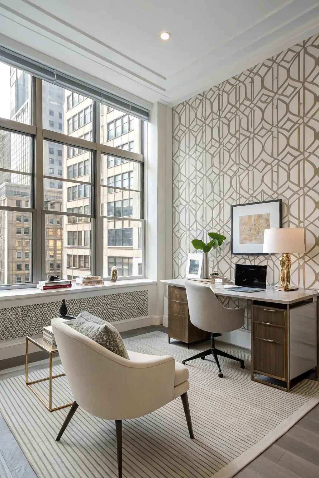 Geometric design wallpaper introduces drama to a sophisticated office.