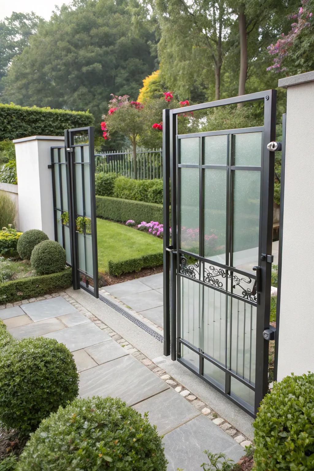 A metal and glass gate that extends a modern and airy presence.