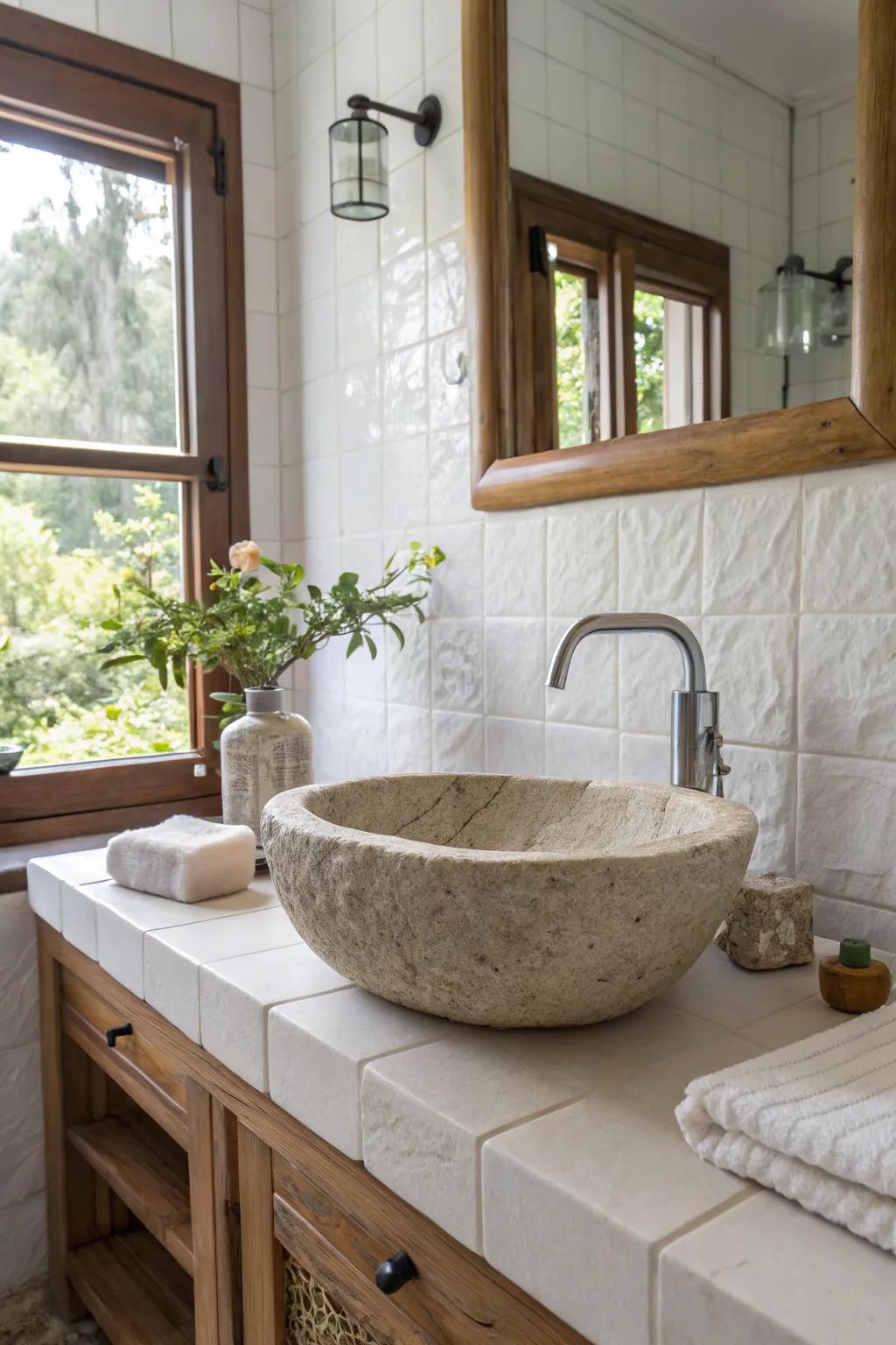 A stone sink adds natural authenticity.