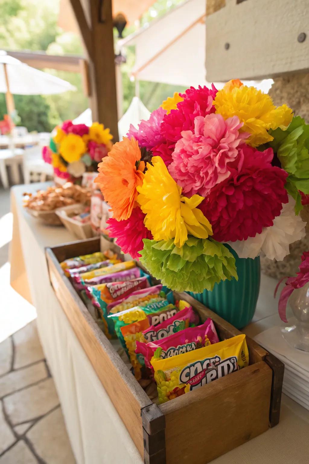 Incorporate a splash of color with paper flowers, a charming and budget-friendly decoration for your candy buffet.