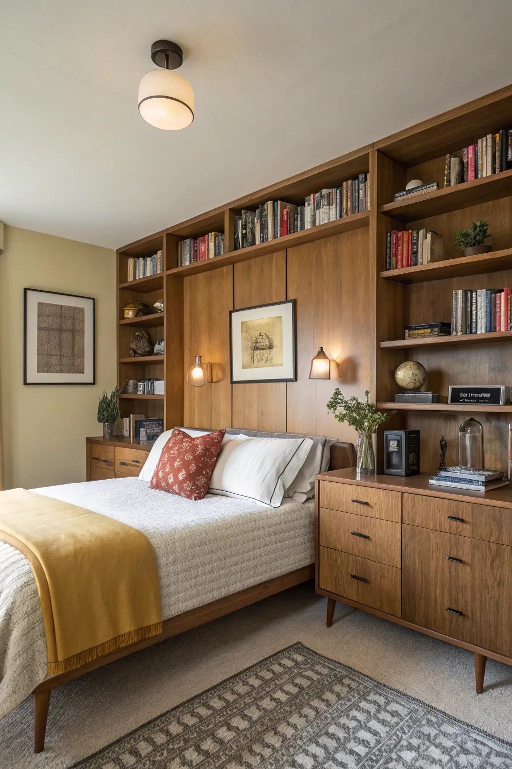 Sleek fitted shelving provides a seamless storage solution in this mid-century modern bedroom.