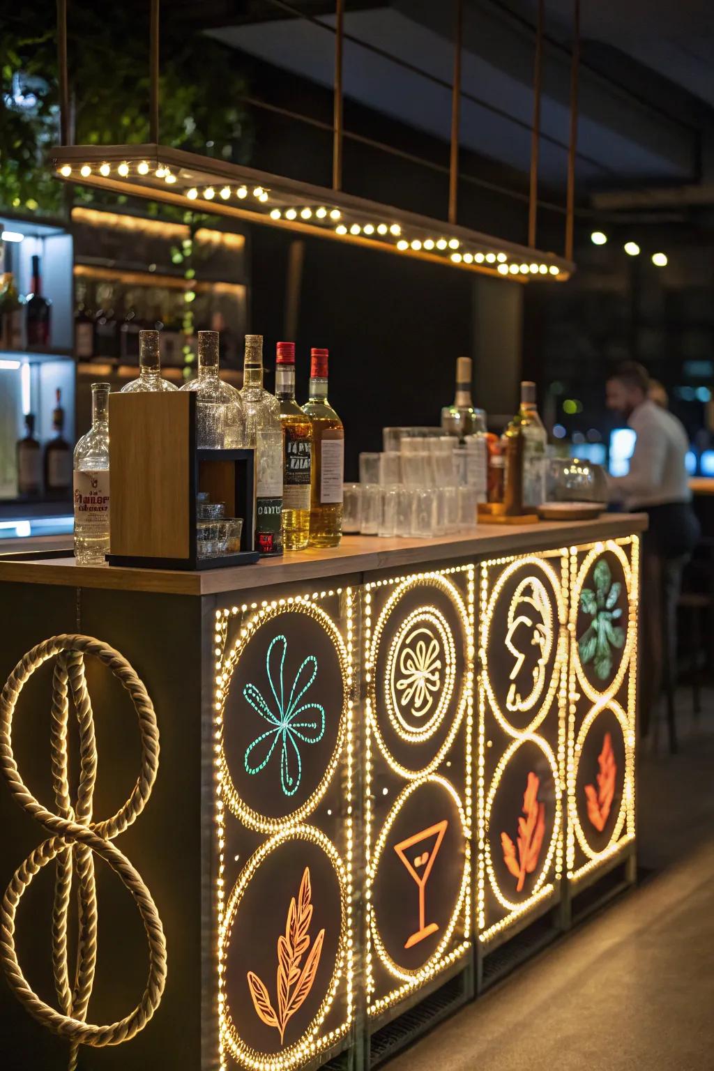 Rope lighting adds creative flair to the home bar.