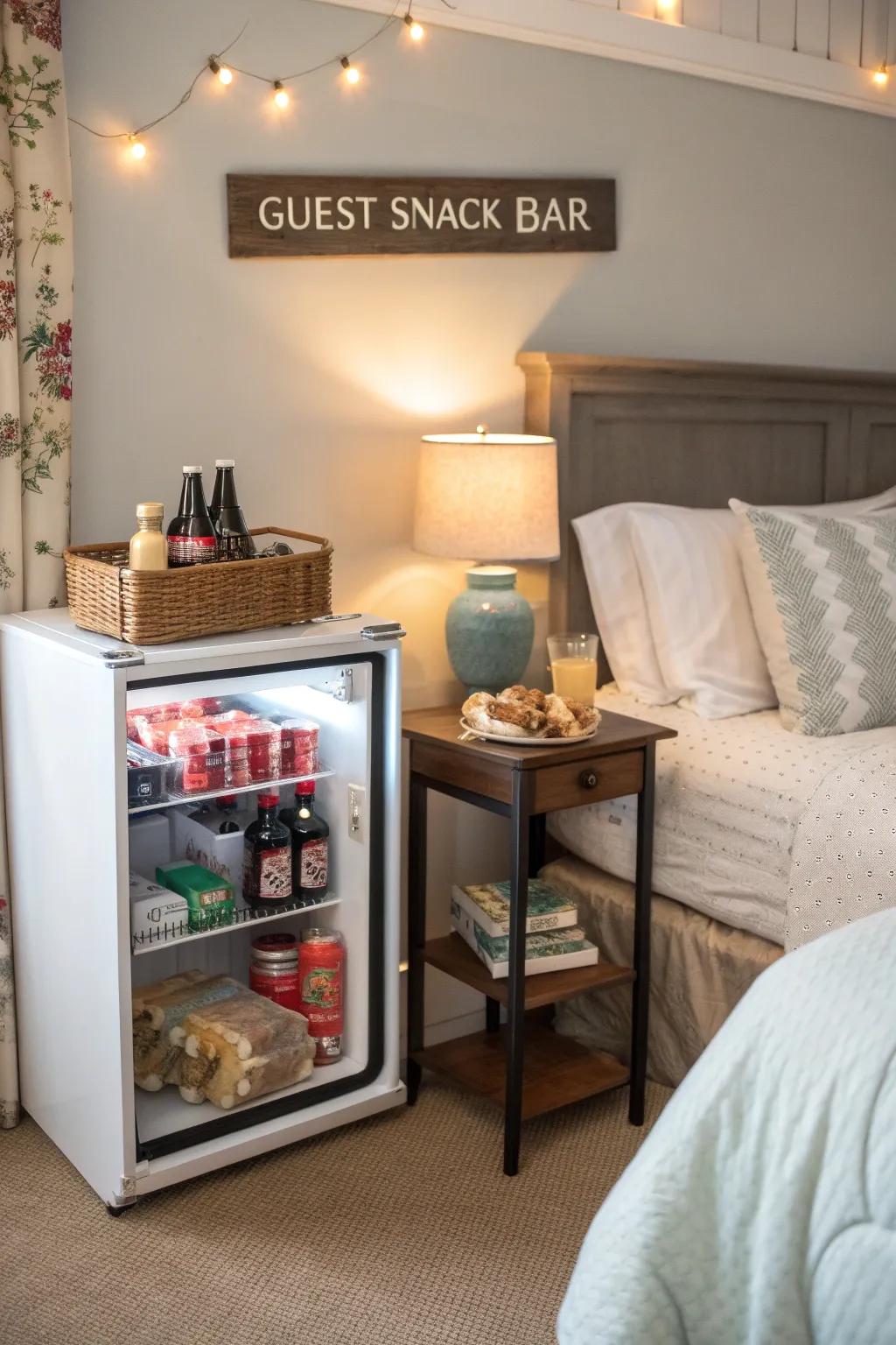 A miniature refrigerator functioning as a welcoming snack counter for visitors within a bedroom.