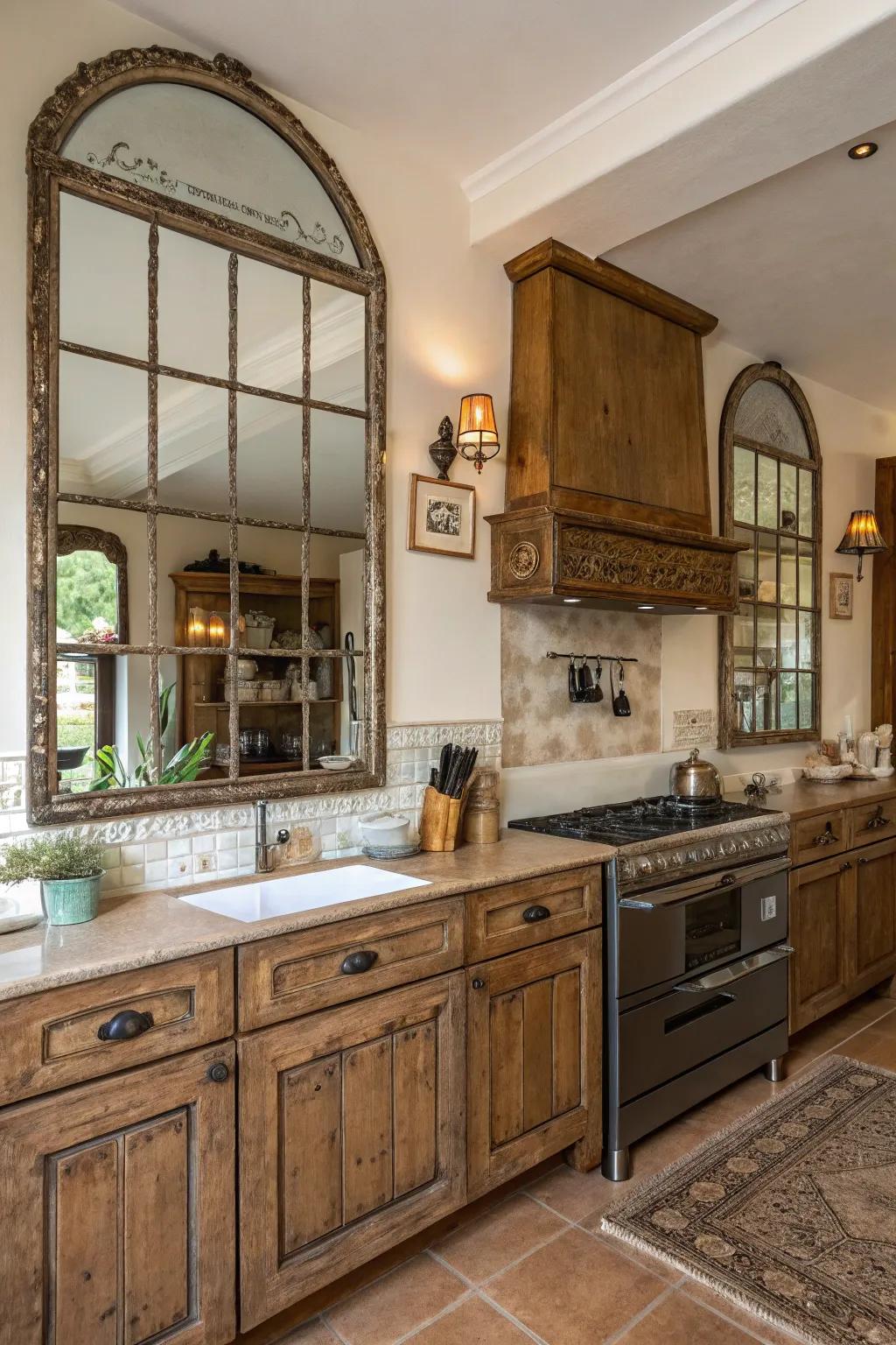 Mirrors with a patina finish adding warmth and character to the kitchen.