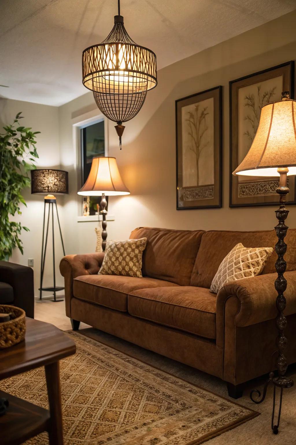 Layered lighting brings versatility and mood-setting options around the chocolate-brown sofa.