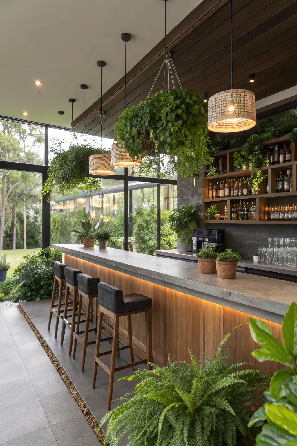 Greenery brings a touch of nature to this contemporary bar.