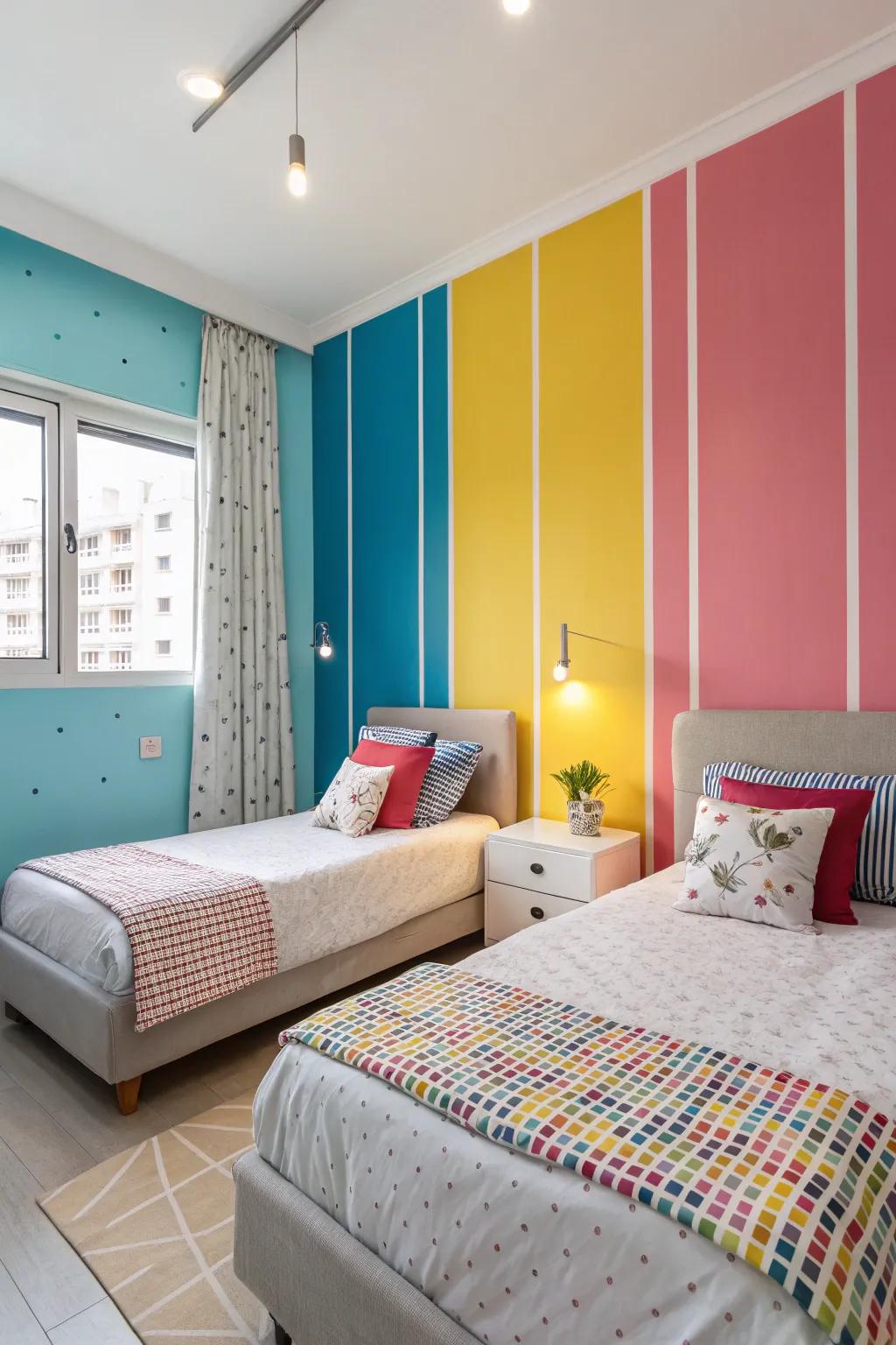 Color-blocked panels contribute a vibrant, lively atmosphere.