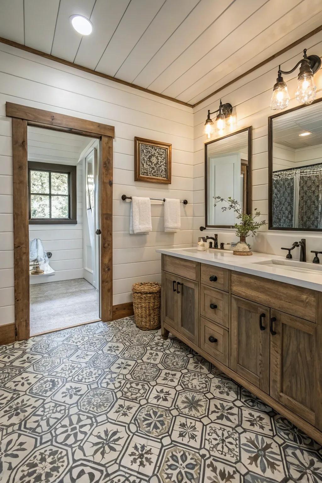 Detailed tiles add visual interest and charm to this modern farmhouse bathroom.