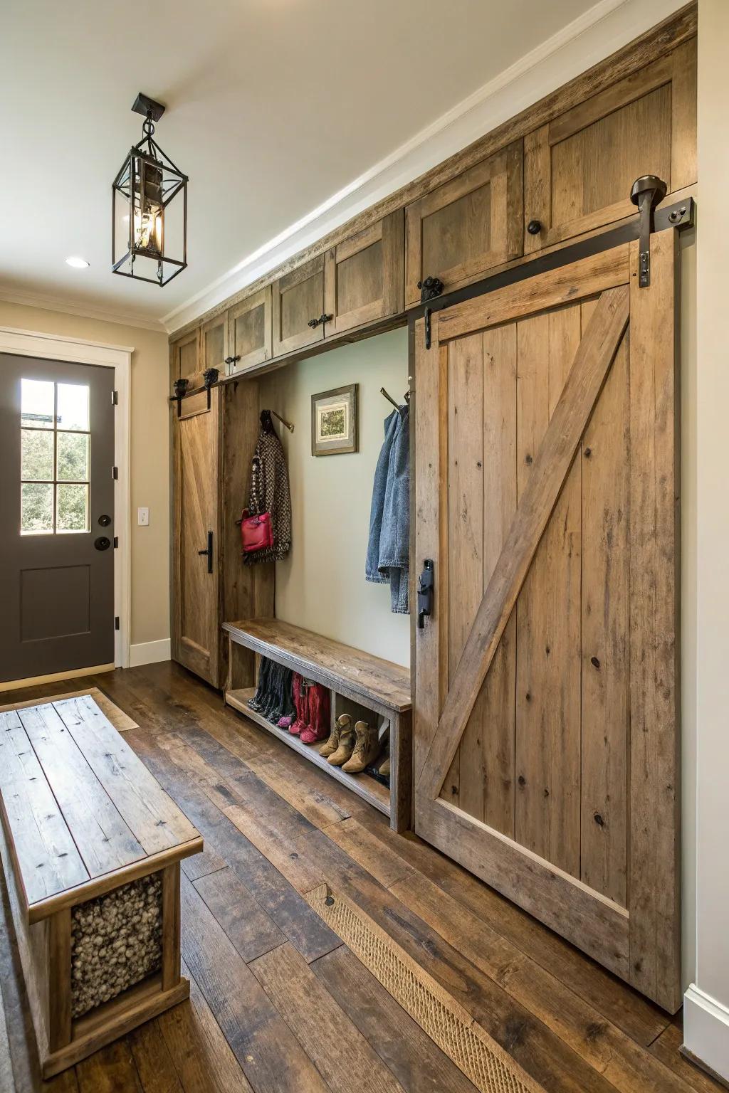 Practical mudroom with stylish sliding barn doors.