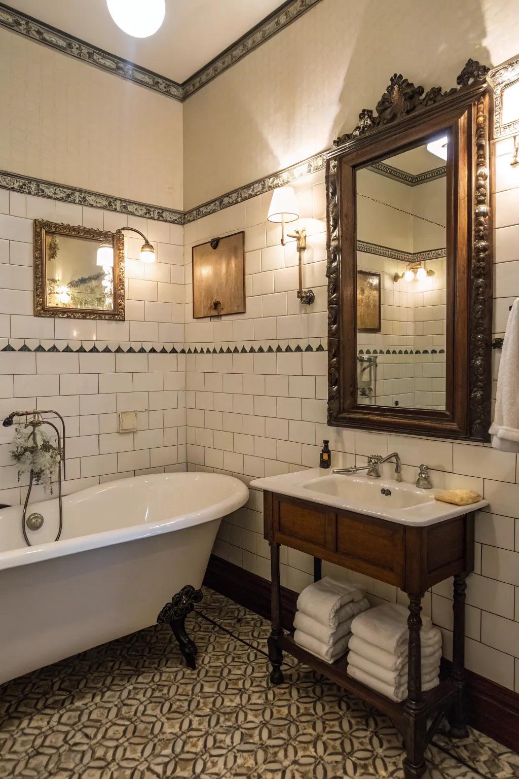 A bathroom incorporating vintage elements like an antique mirror and retro fixtures.