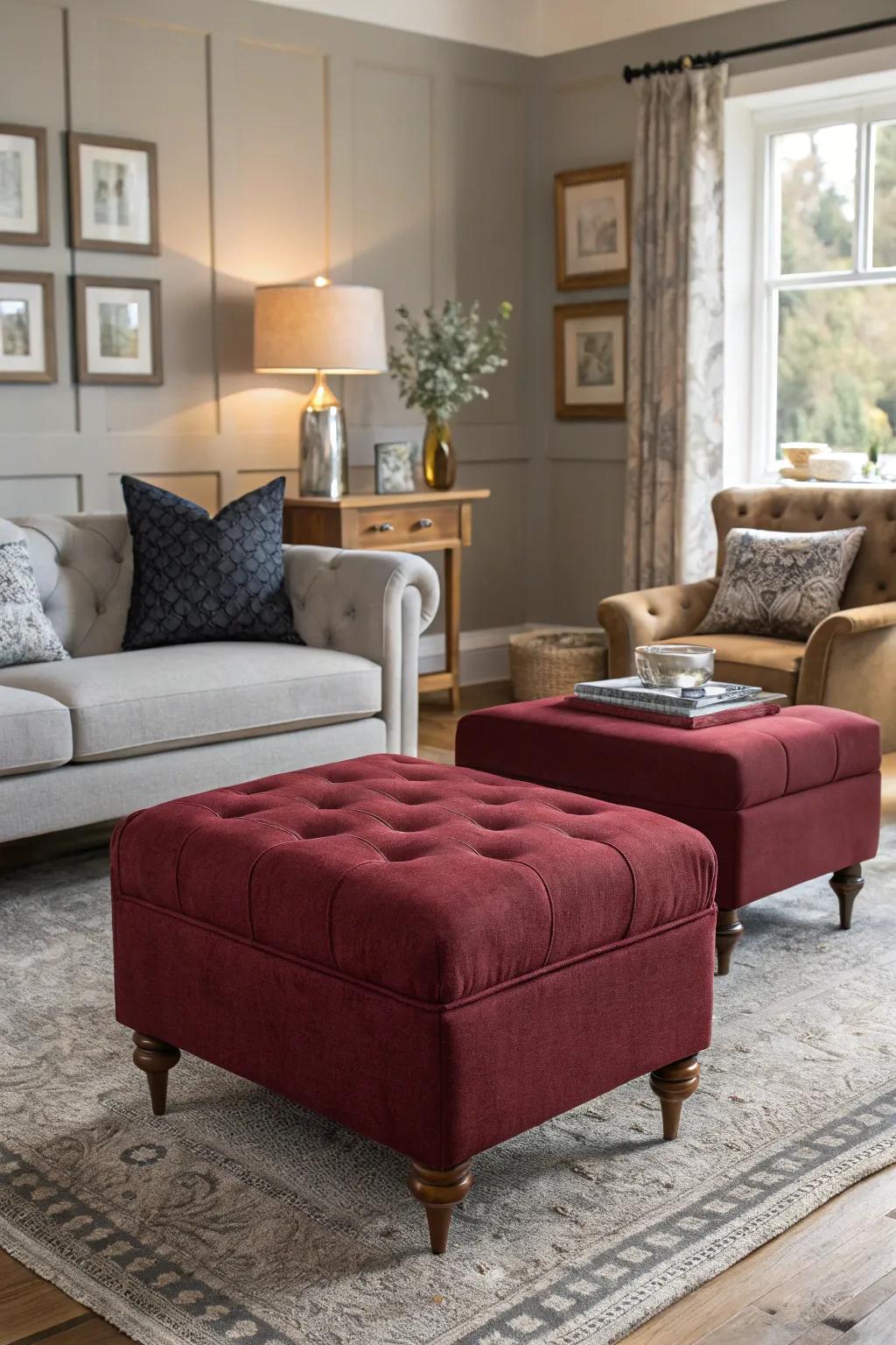 Living room with burgundy upholstered stools and grey decor.