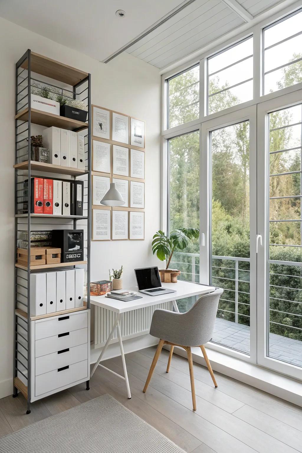 Vertical storage optimizing space in a home office.
