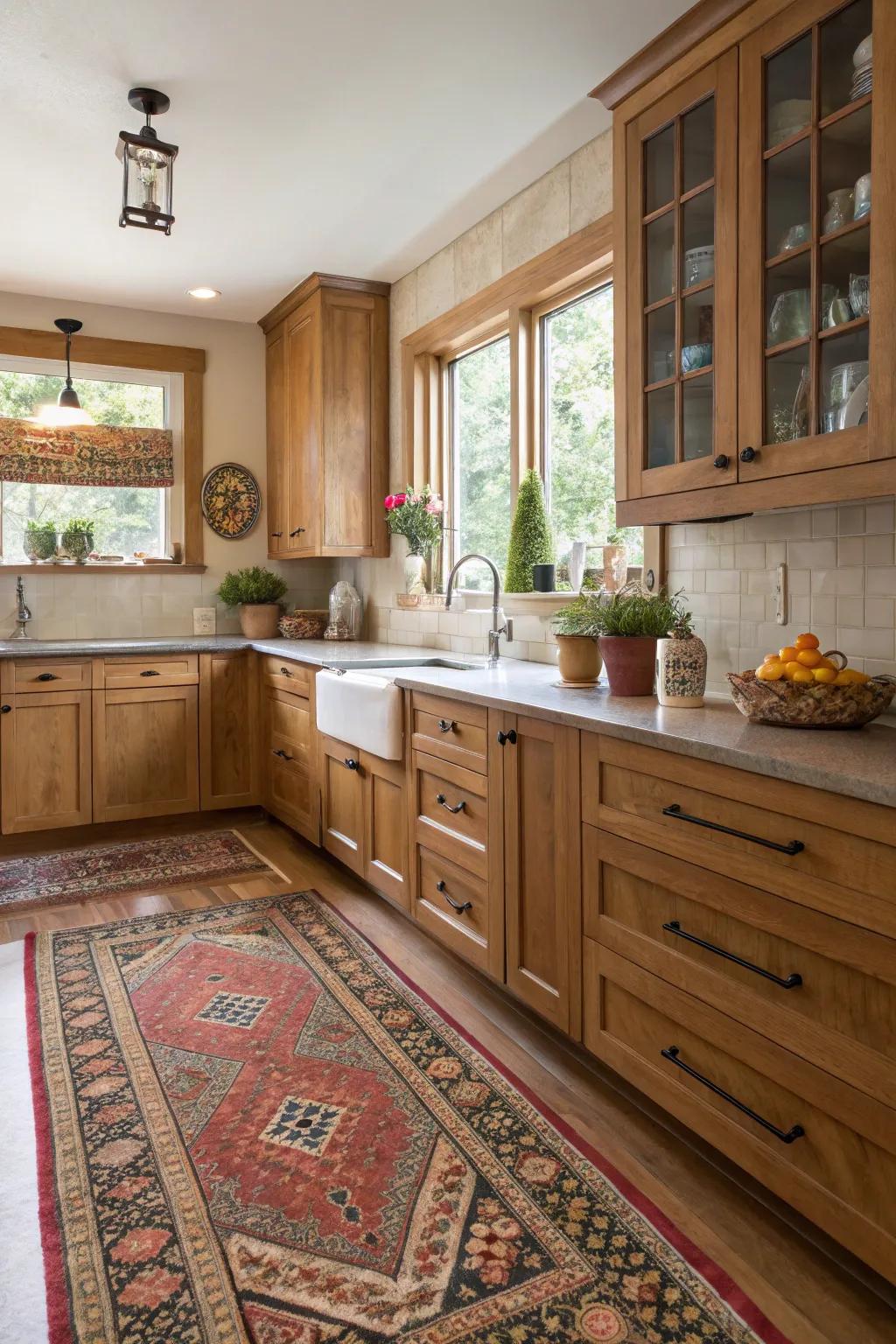 A varied floor covering adds charm and warmth to kitchens with oak cabinets.