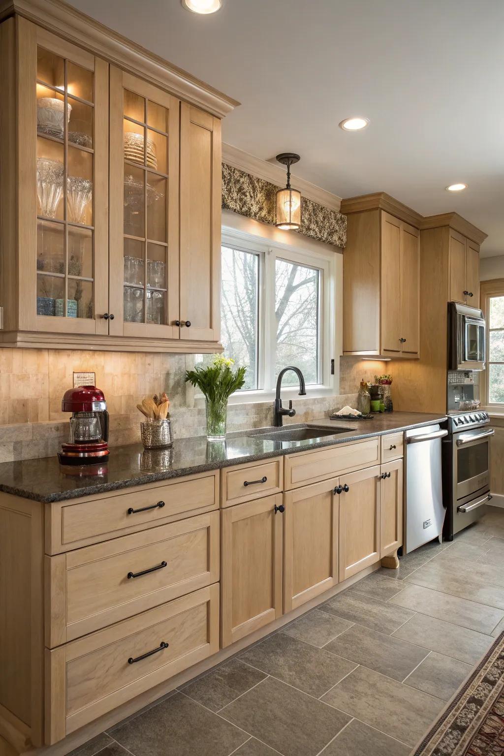 A convergence of traditional and modern styles fosters a distinctive kitchen ambiance.
