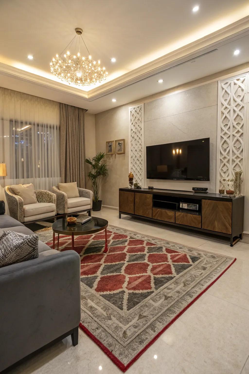 A statement rug adds texture and definition to the space.