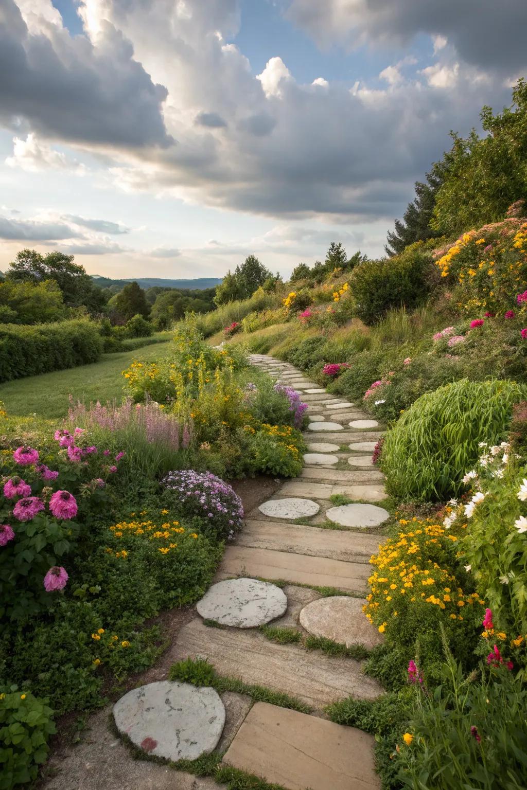A garden path presenting creatively arranged footstones for playful charm.