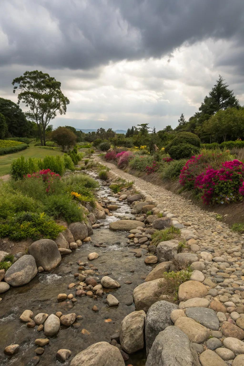 A dry riverbed adds a flowing, natural element to your garden.
