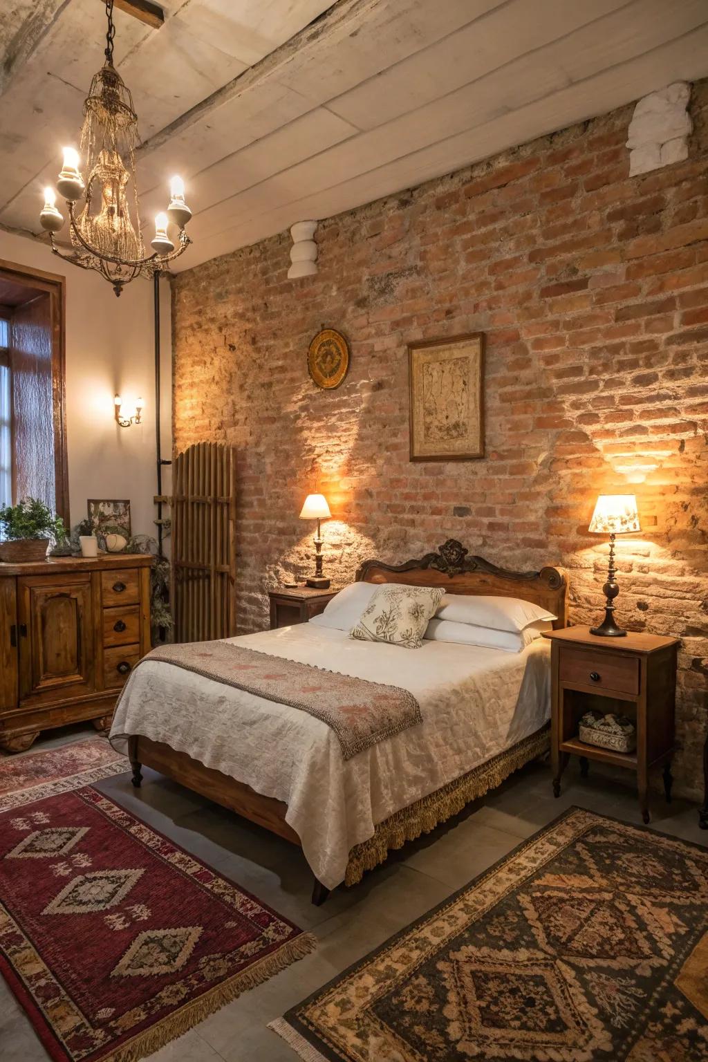 Exposed brick walls add a rustic element to this modern shabby chic bedroom.