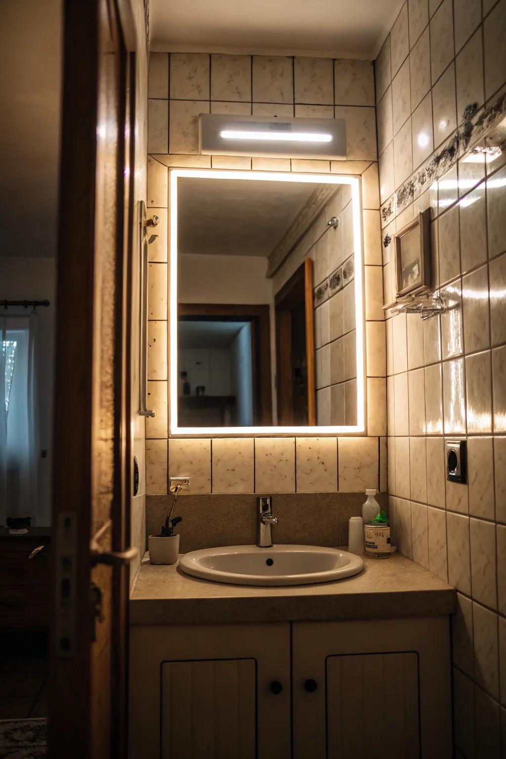 A backlit mirror adds luxury and light to this small bathroom.