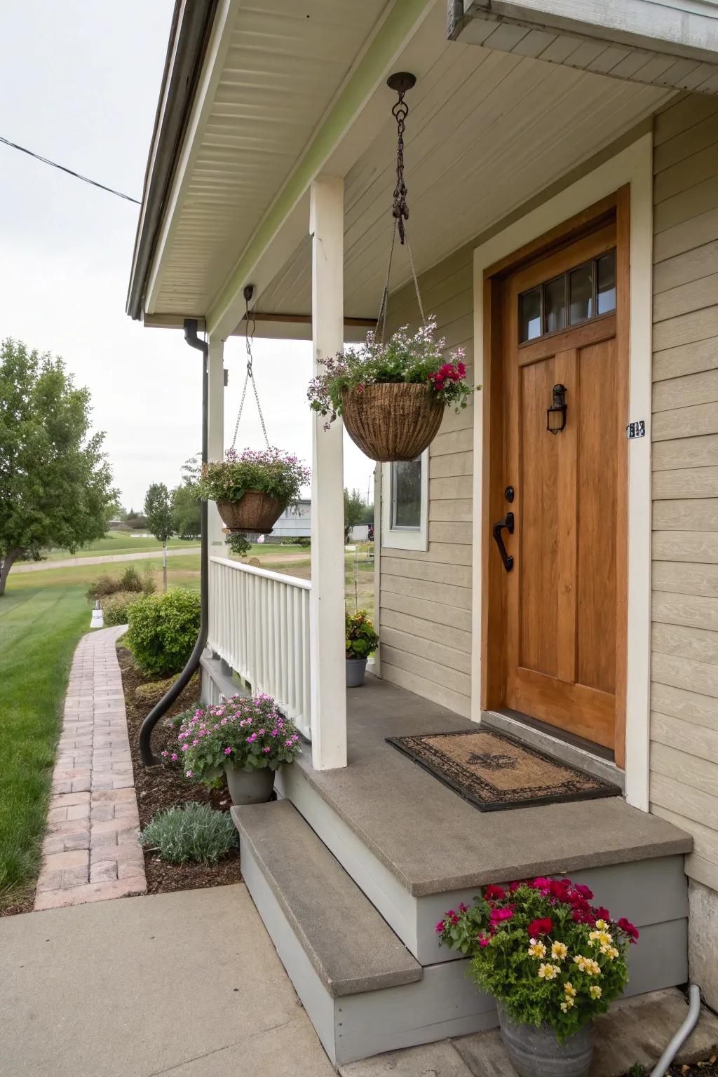 A compact front porch with lush hanging pots for a green touch.