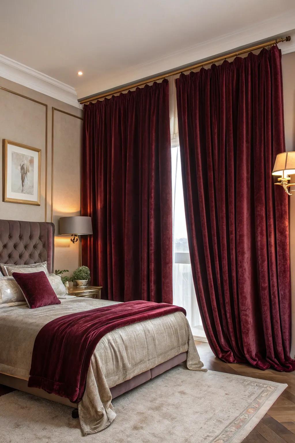 Substantial drapes contribute theatrical effect and luxury to a modern Spanish bedroom.