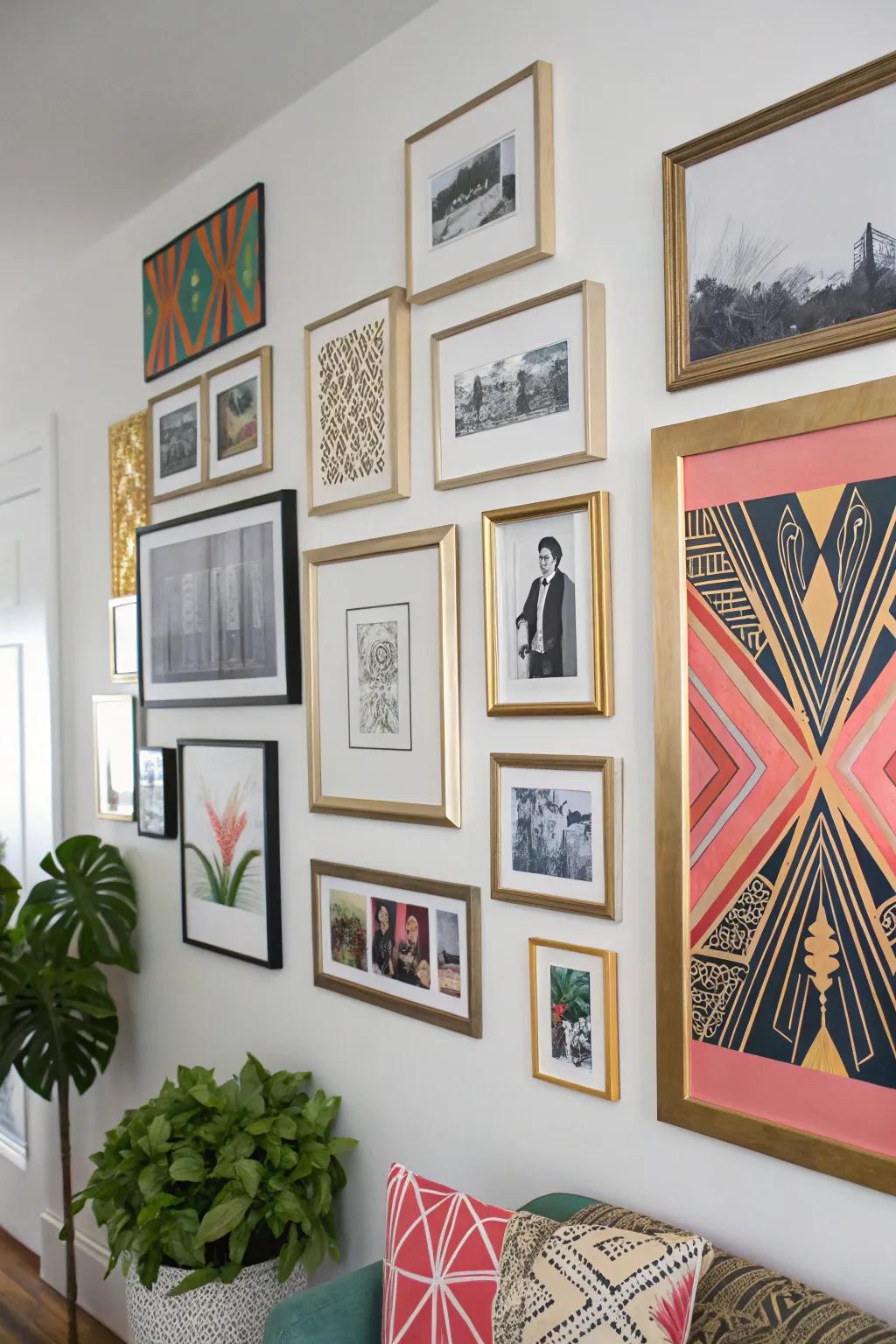 Eclectic art showcases inject personality and visual interest.