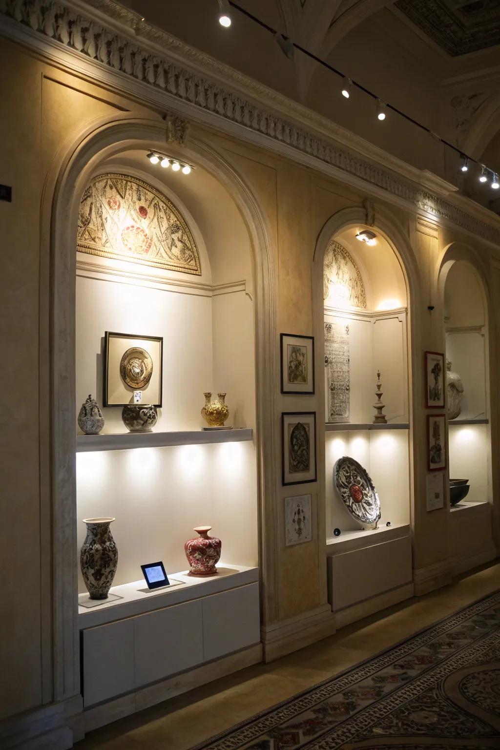 A wall niche has lights that make the art pieces look like they're in a gallery.