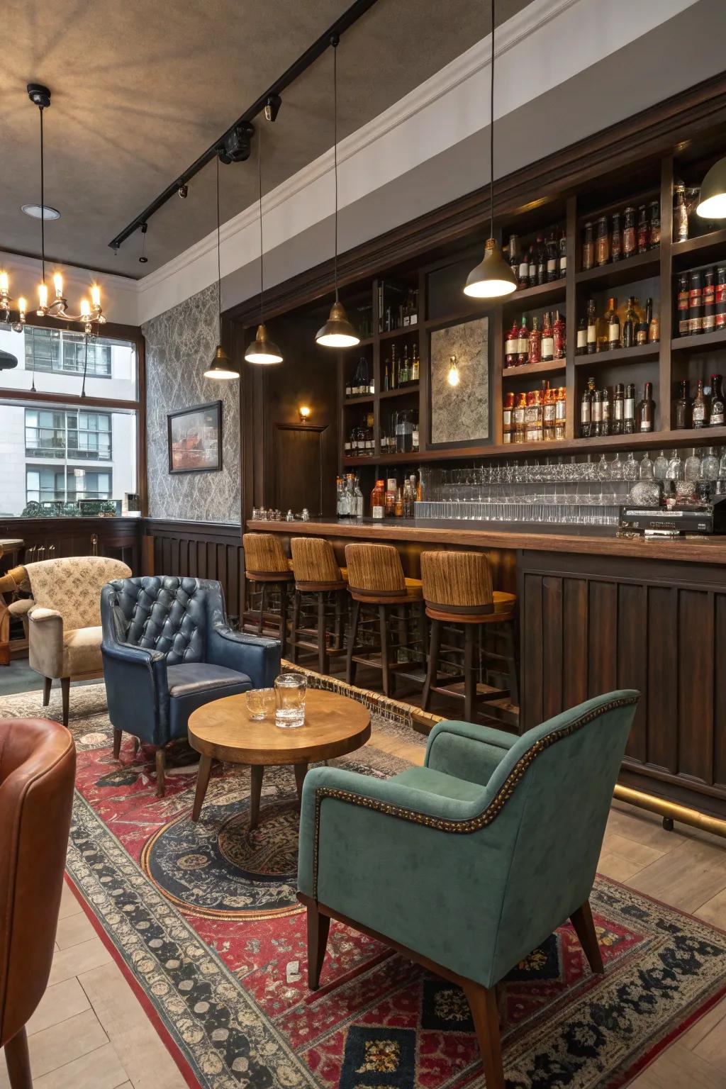 Diverse furniture choices create a distinctive and personal whiskey room.