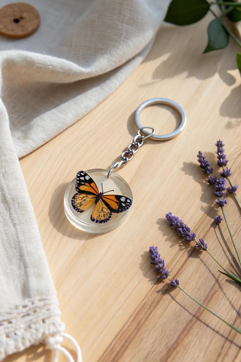Seize the essence of handcrafted elegance with this stunning monarch butterfly resin fob.