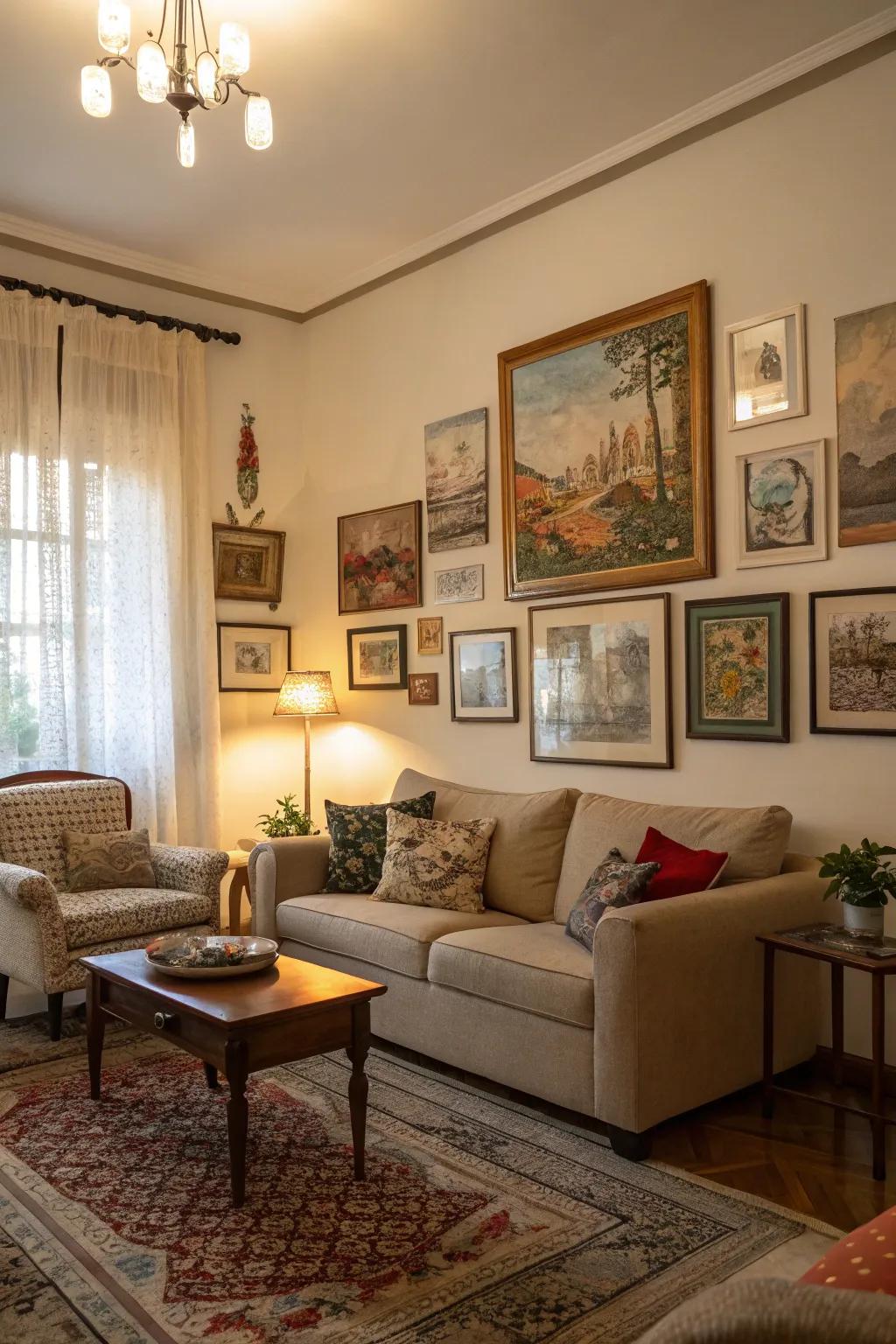 Layered artwork adding depth to an atmospheric living space.