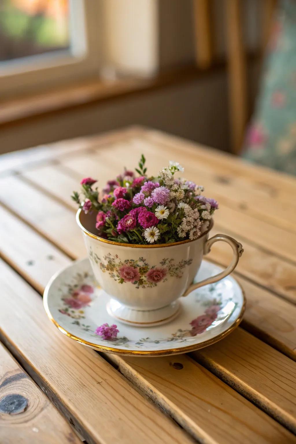 An porcelain mug transformed into a quaint flower pot.
