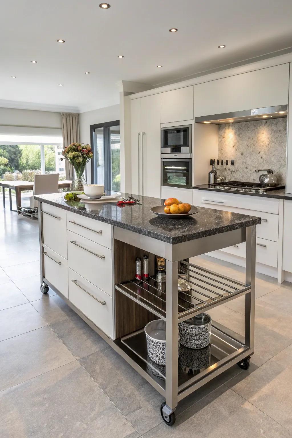 An island with a granite top that is durable and fashionable