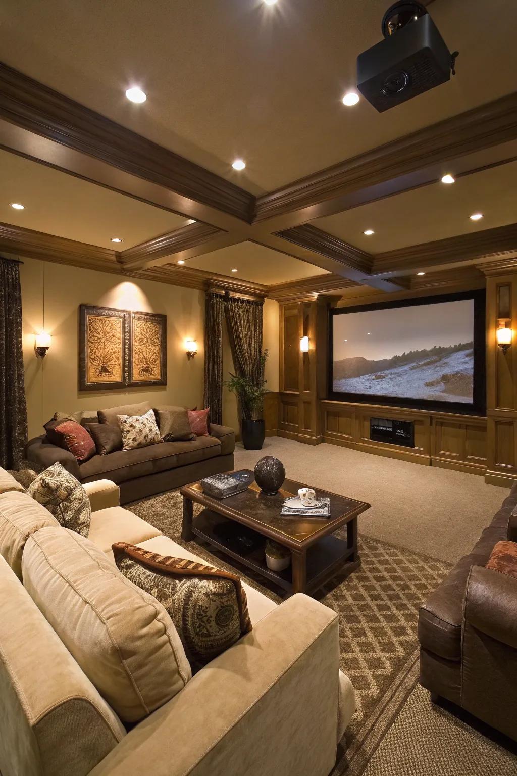 A flexible space works well for both movie nights and social gatherings.