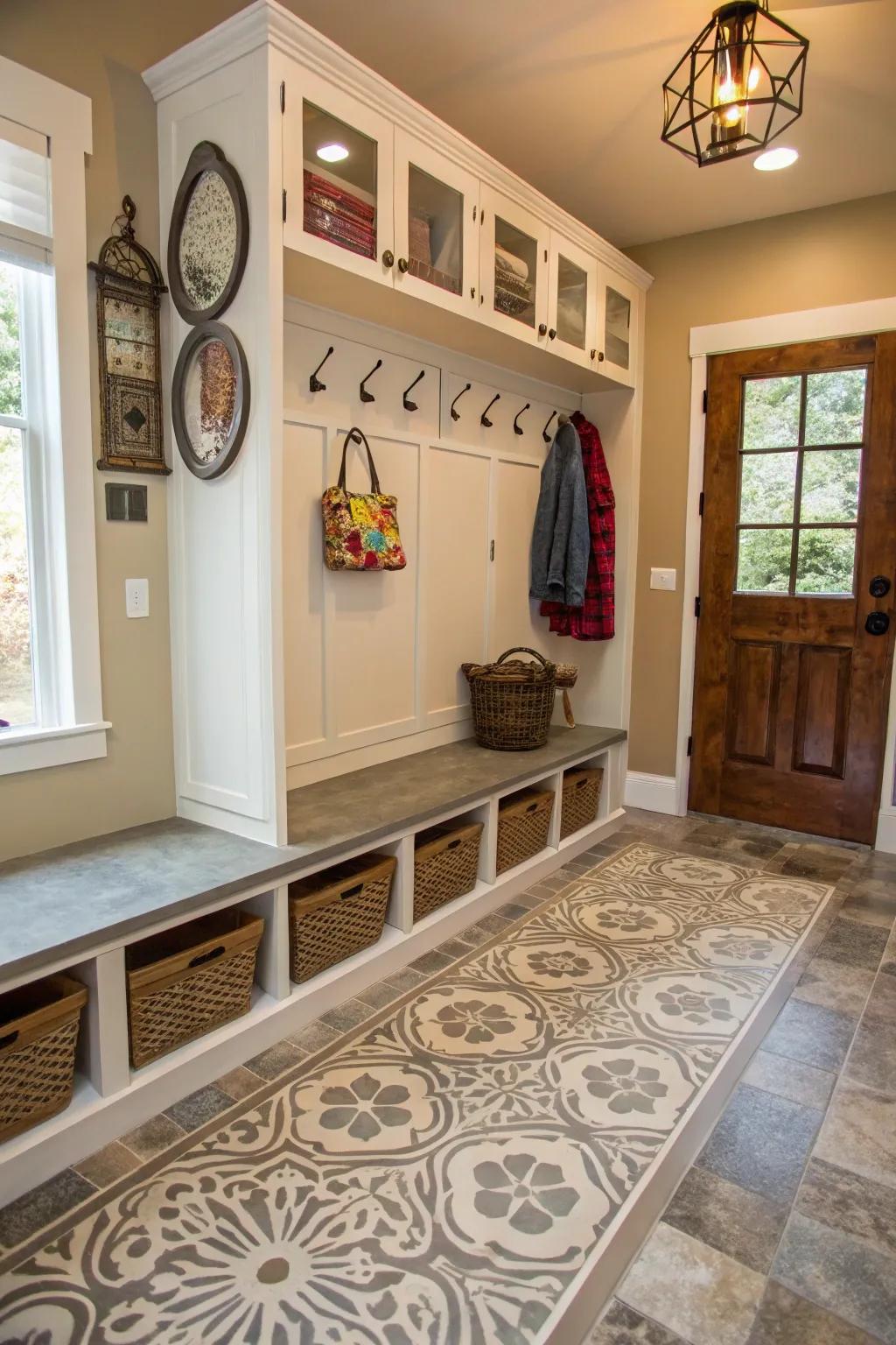 Stenciled concrete floors combine durability with custom artistic flair.