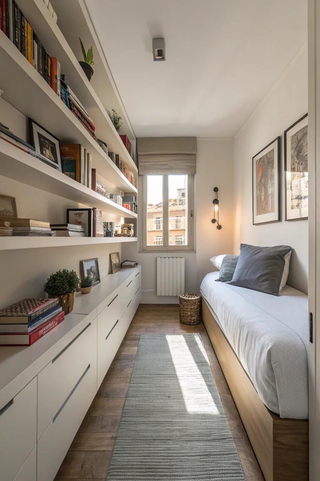 Elevated furnishings adding a modern flair while conserving space within a slender bedroom.