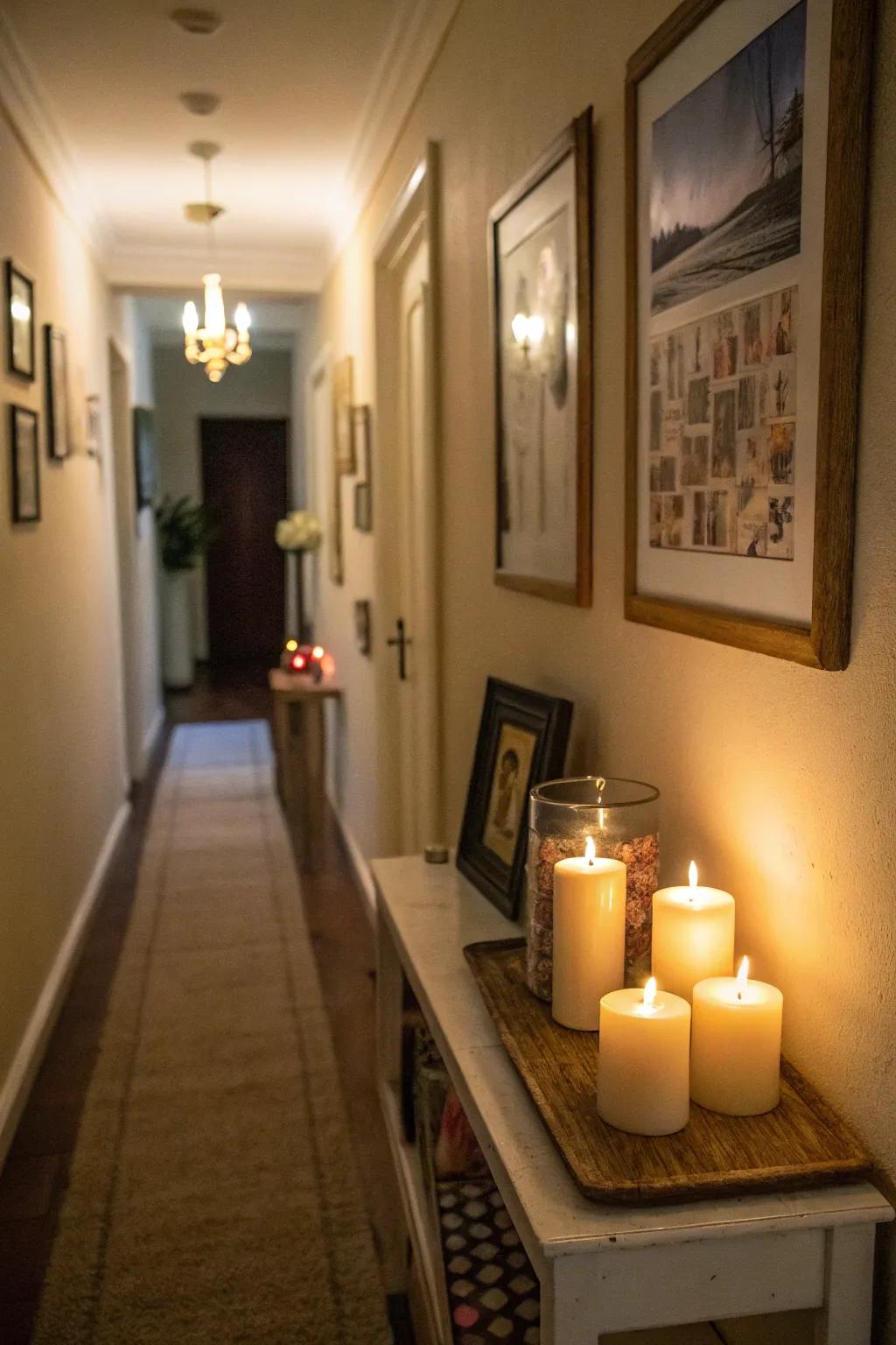 Candles infuse warmth and a snug radiance into slender hallways.