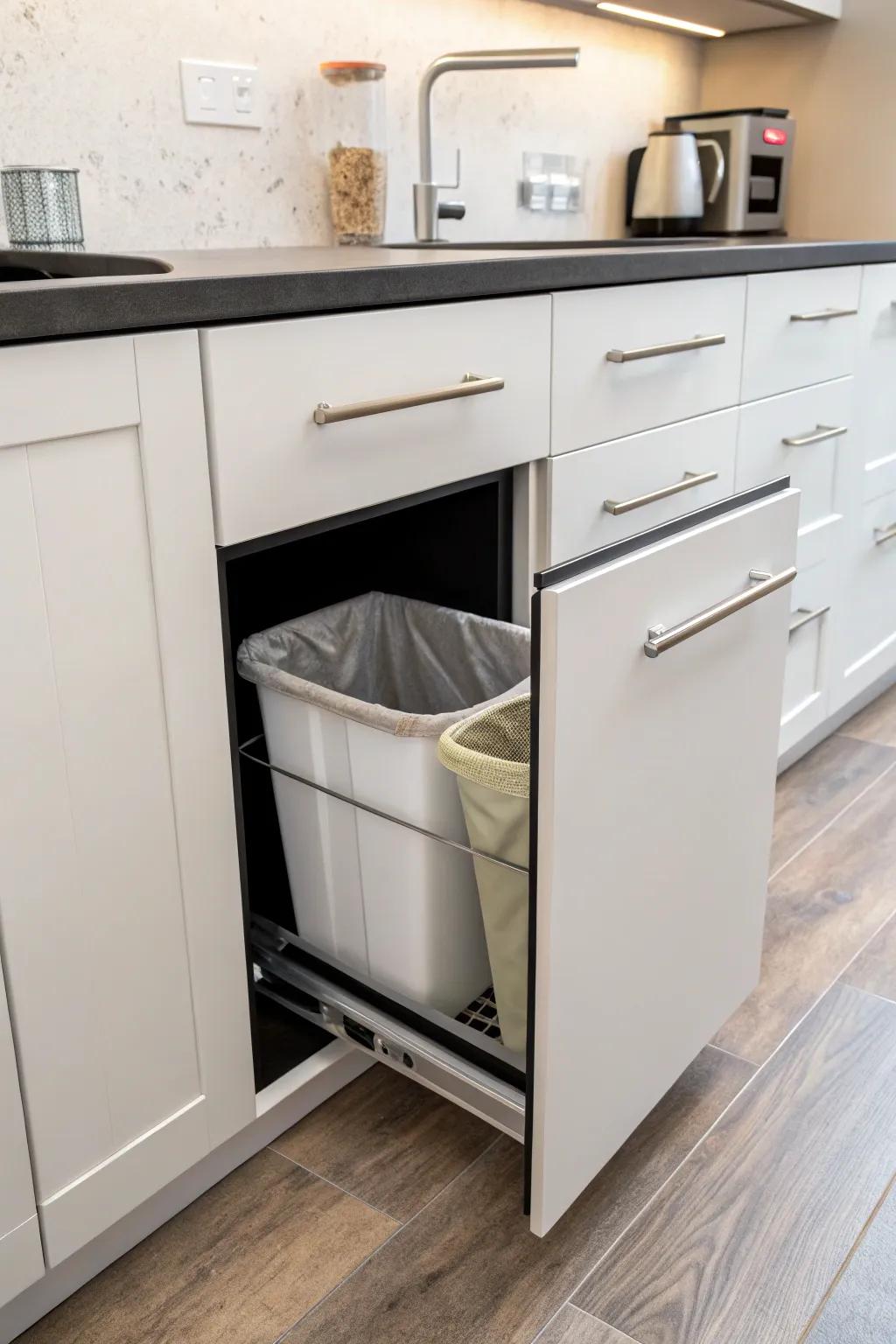 A slim cabinet that conceals a trash receptacle for a neat kitchen.