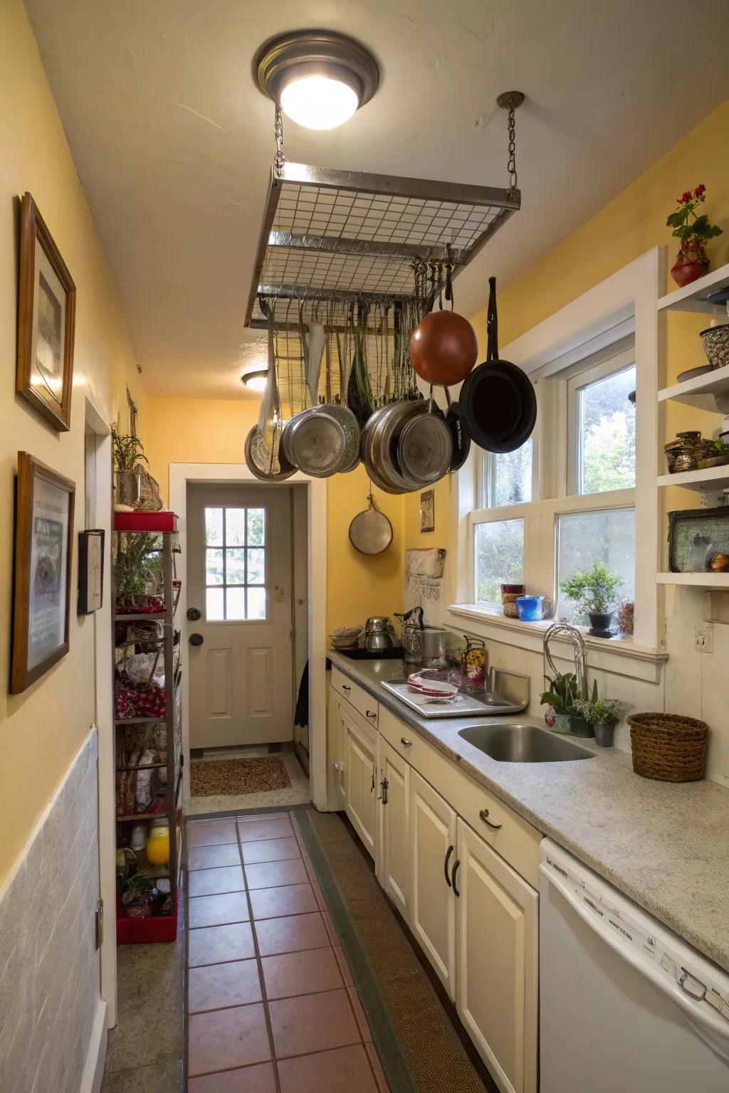 Ceiling storage maximizes every inch of a small kitchen.