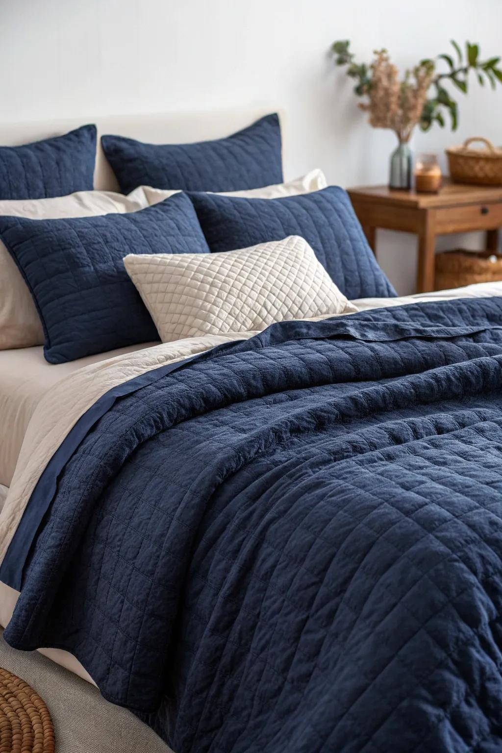 Encourage touch with textured fabrics in your dark blue bedding.