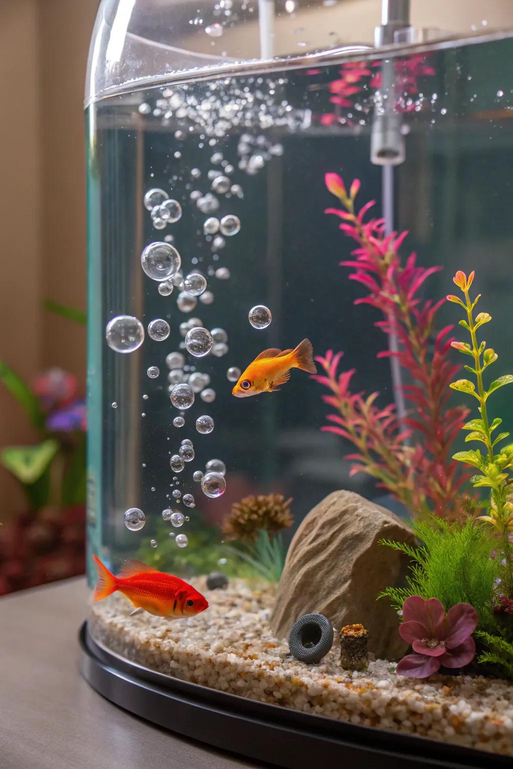 Dynamic features add dynamic interest to this vibrant aquarium.