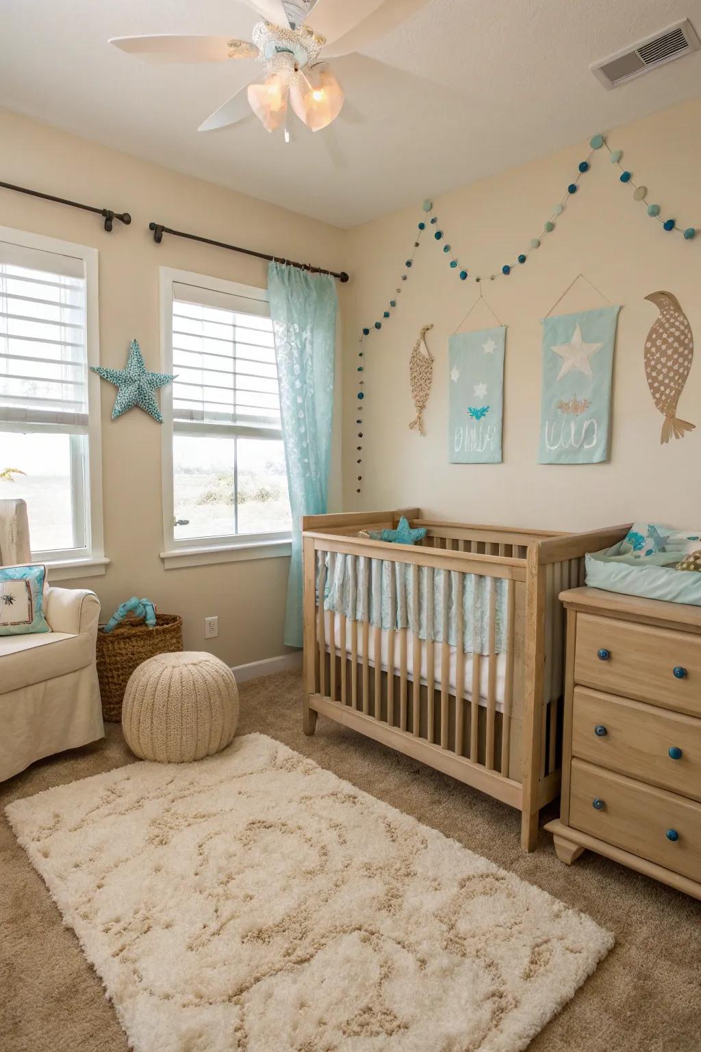 A nursery featuring calming shoreside tones.