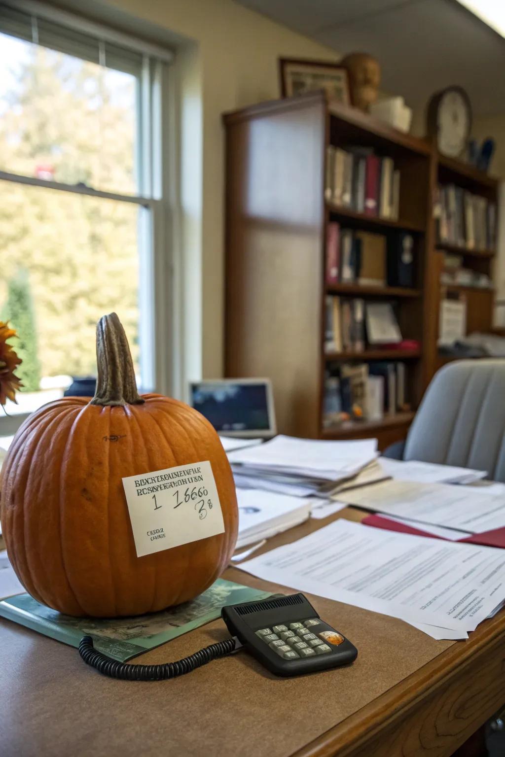 A script label adds a clever spin to this pumpkin.