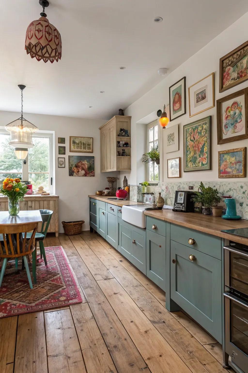 The lively touch of eclectic decor in oak floor kitchens.