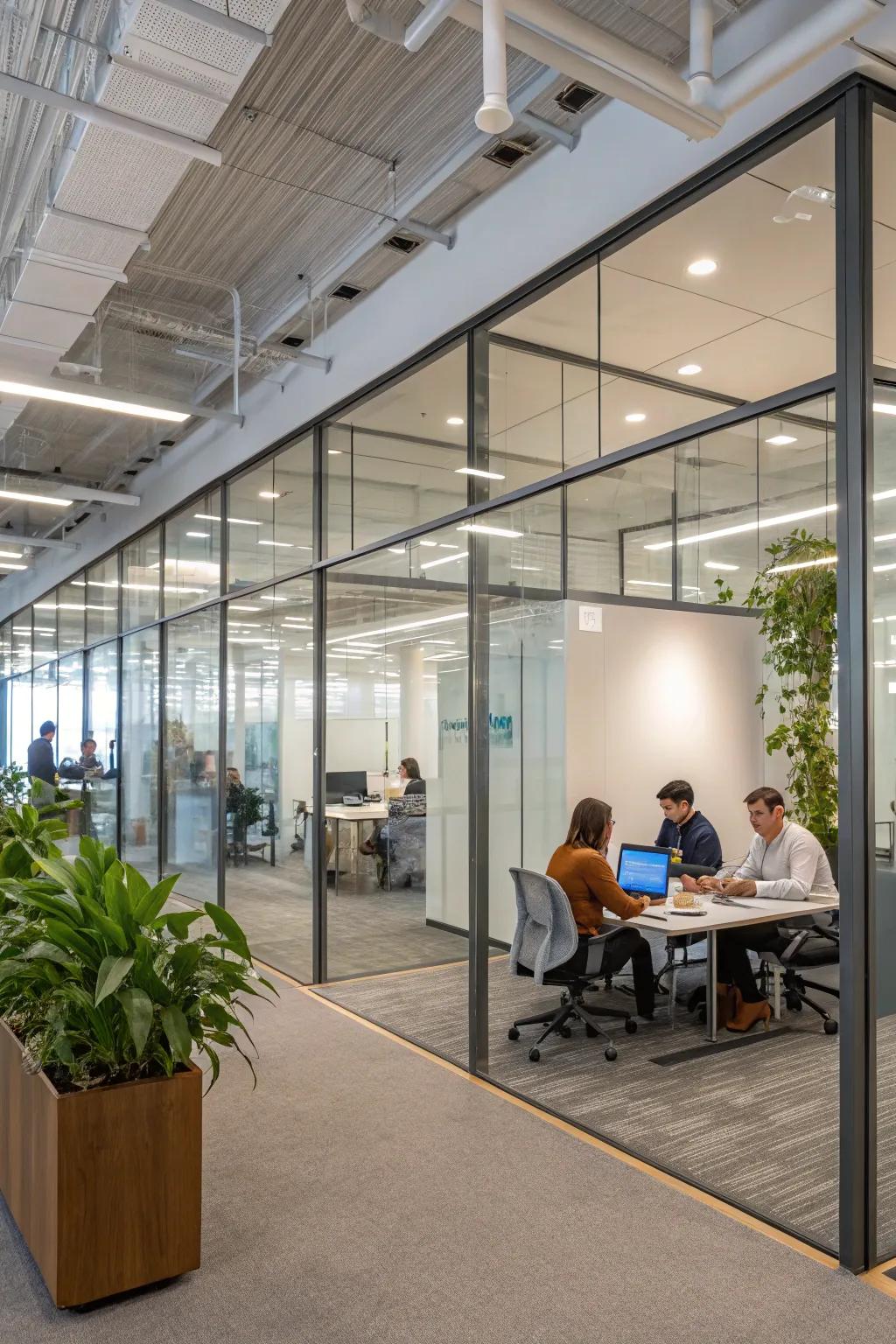 Segmented glass walls provide subtle division with plenty of light.