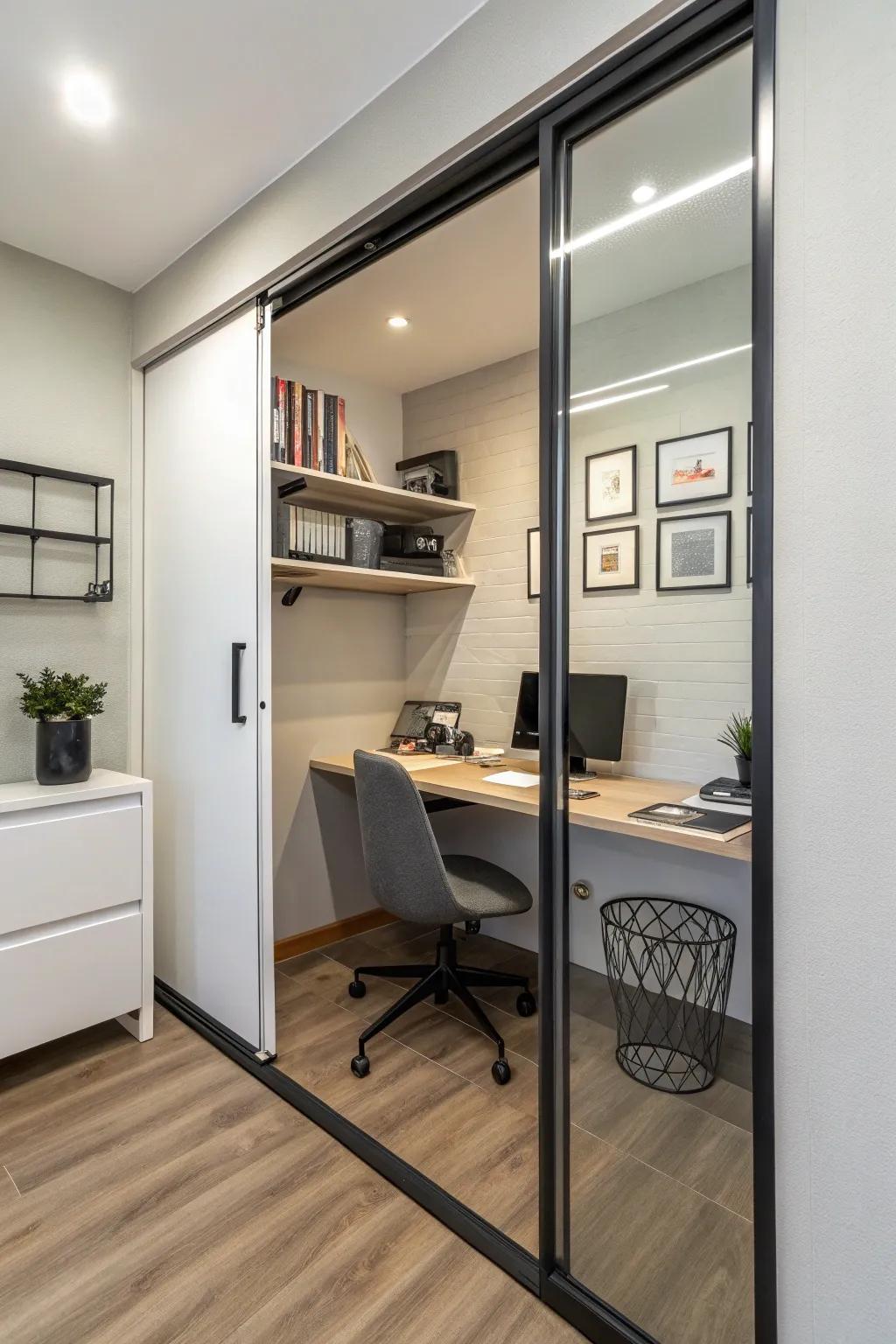Without losing floor space, use a sliding door to separate your workspace.